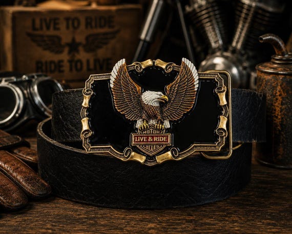 Vintage Motorcycle Eagle Belt Buckle with Custom Genuine Leather Belt |Patriotic Brass Collector Buckle | Motorcycle Bike Rider Belt Gift