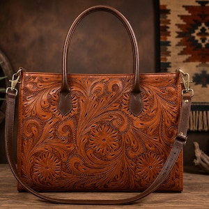 Hand-Carved Leather Tote Bag Floral Tooled Leather Purse | Fits 16” Laptop | Genuine Leather Work Bag | Western Southwestern Cross-body Bag