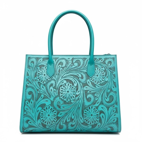 Southwestern Hand Carved leather messenger bag (Fits Laptop & Supplies) in Aqua Turquoise