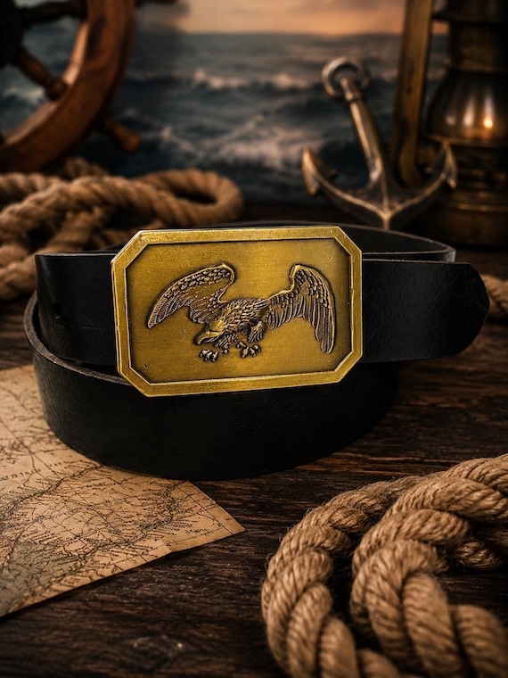 Vintage Solid Brass Eagle Belt Buckle with Genuine Leather Belt | American Eagle Buckle | Patriotic Western Americana Gift