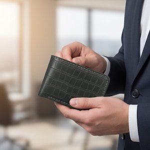May include: A dark green, textured leather wallet with a crocodile pattern. The wallet is held open, showcasing its interior. The stitching is a lighter color, providing contrast. The wallet is a classic bi-fold style.