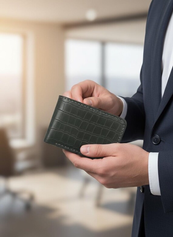 Men's Black Alligator Wallet, Slim Billfold (Handmade Leather, Classic Design)