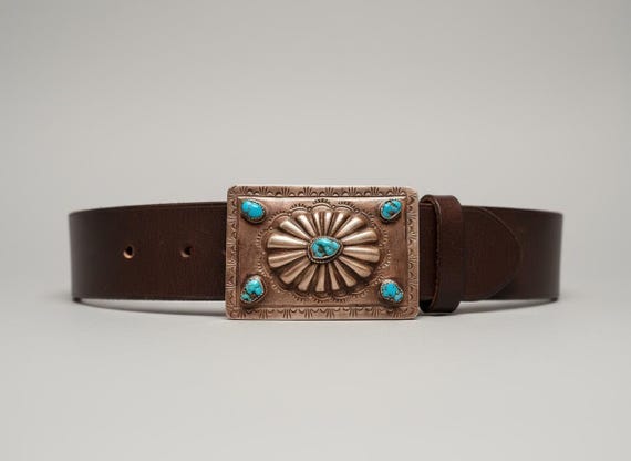 Sterling Silver Turquoise Concho Belt Buckle | Southwestern Sunburst Design