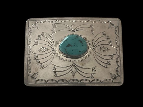 Sterling Silver Turquoise Belt Buckle – Signed Tim Guerro Southwestern Hand Stamped Western Buckle with Custom Genuine Leather Belt