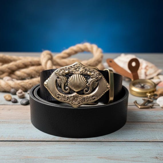 Seahorse and Clam Belt Buckle with Custom Genuine Leather Belt | Nautical Coastal Accessory for Beach Lover | Gift for Her