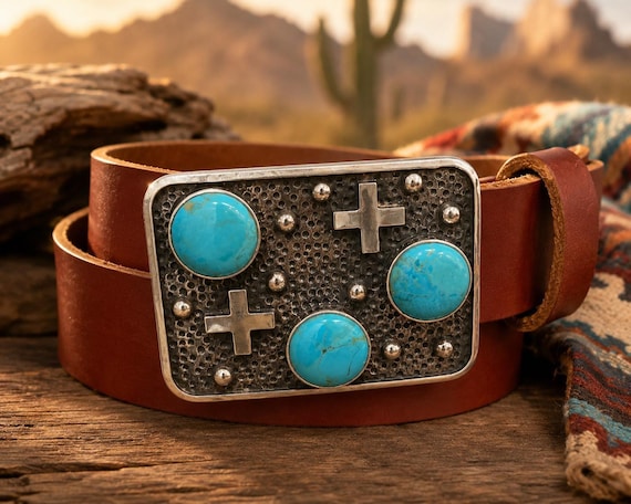 Southwestern Turquoise Belt Buckle with Crosses | Western Style Turquoise Buckle | Optional Handmade Leather Belt | Cowboy Western Belt