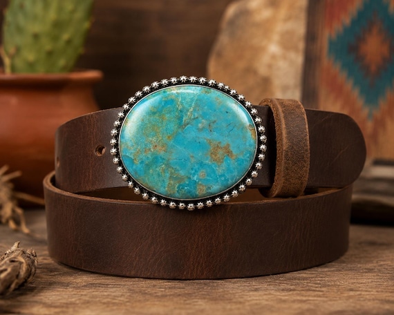 Southwestern Sterling Silver Turquoise Belt Buckle – Handmade Leather Cowgirl Belt