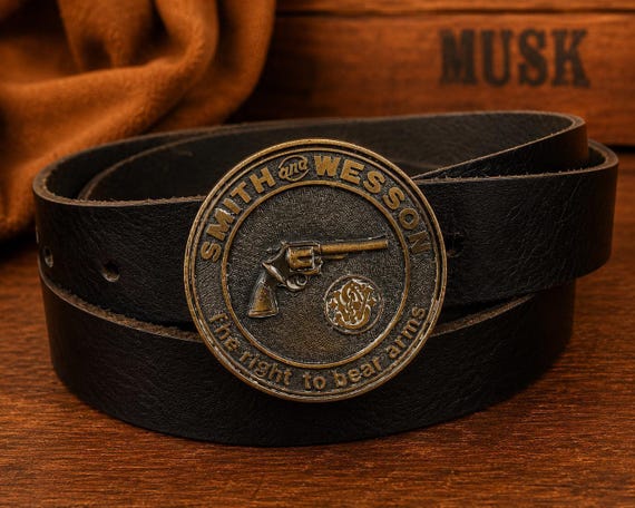 Vintage Smith & Wesson “The Right to Bear Arms” Belt Buckle with Genuine Leather Custom Belt | Western Cowboy Americana Belt | SW Collector