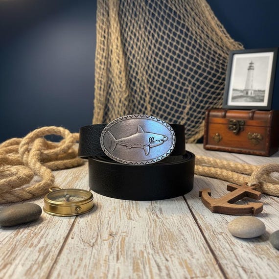 Men’s Shark Belt Buckle w/ Premium Leather Belt – Nautical Statement Accessory