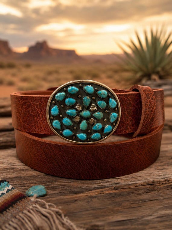Sterling Silver Genuine Turquoise Cluster Belt Buckle with Custom Handmade Leather Belt | Southwestern Western Boho Belt | Unisex
