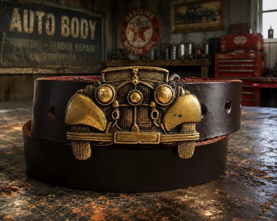 Vintage Classic Automobile Belt Buckle with Handmade Genuine Leather Belt – Antique Luxury Car Design – Custom Leather Belt