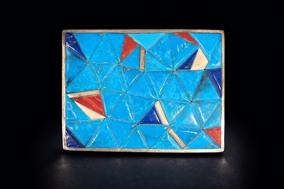 Vintage Navajo Mosaic Turquoise Sterling Silver Belt Buckle, w/ Premium with Custom Genuine Leather Belt
