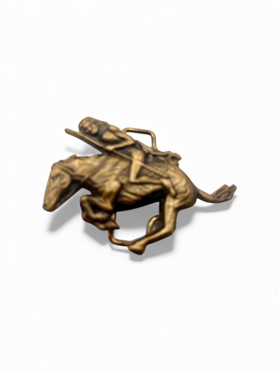 Vintage Belt Buckle Indian Warrior on Pony, Solid Brass, Optional Belt