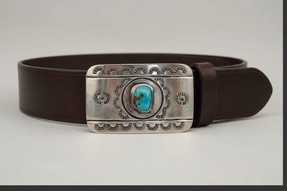 Southwestern Silver Turquoise Belt Buckle with Custom Genuine Leather Belt