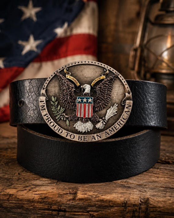Vintage Bergamot Brass Works Eagle Belt Buckle with Genuine Leather Belt, I’m Proud to Be an American Buckle, Patriotic Americana Gift, USA