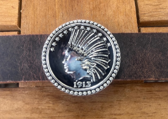 White Brass Indian Concho Commemorative Ten Dollar Leather Cuff bracelet