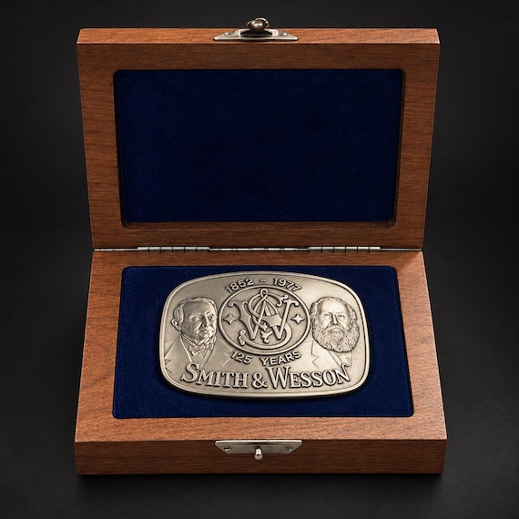 Vintage 1977 Smith & Wesson Sterling Silver 125th Anniversary Buckle No. 0965 with Custom Genuine Leather Belt, Original Box