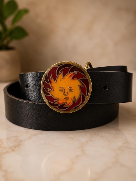 Vintage Solid Brass Sun Face Belt Buckle | Artisan Enamel Buckle | Celestial Sun Design | Boho Western Belt Buckle | Unisex Gift