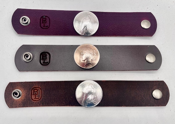 Leather Cuff Bracelet, Peace Silver Dollar Domed Coin (Adjustable Fit)