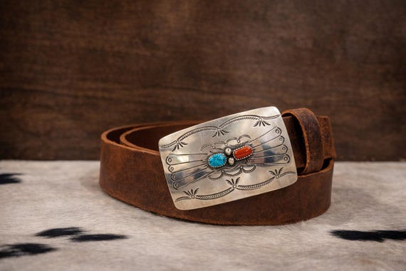 Vintage NOS Southwestern Turquoise Sterling Silver Belt Buckle, Optional Leather Belt