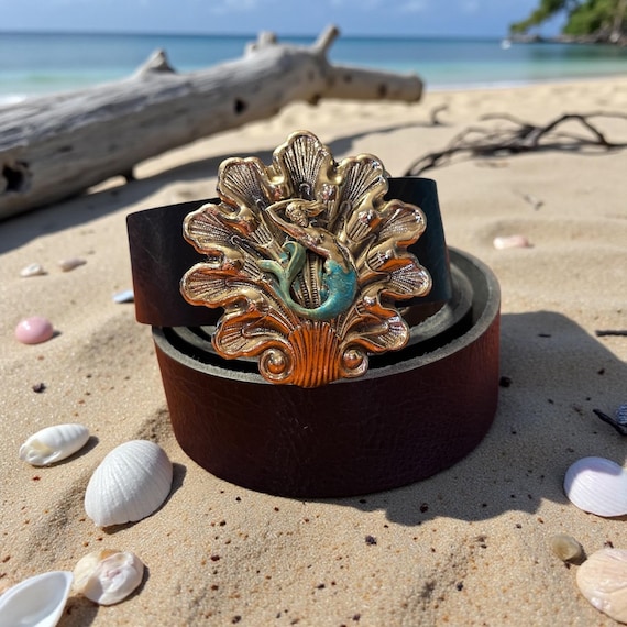 Mermaid Belt Buckle with Custom Genuine Leather Belt | Nautical Coastal Accessory for Beach Lover | Gift for Her