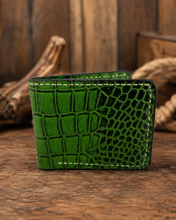 Genuine American Alligator Wallet for Men, Handmade Leather Bifold Wallet, Luxury Slim Wallet, Father’s Day Gift, Green Wallet