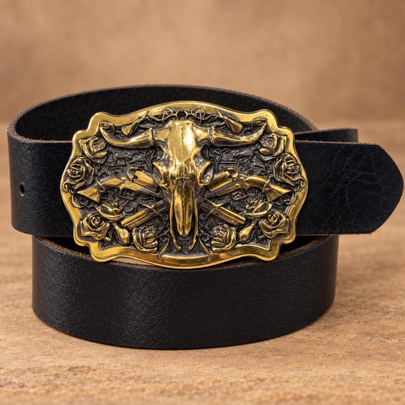 Longhorn Skull Buckle with Custom Genuine Leather Belt, Western Cowboy Belt for Men