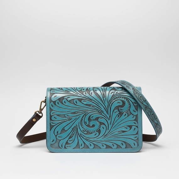 Southwestern Hand Carved leather Crossbody bag in Blue