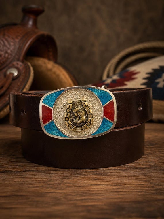 Vintage Signed 1980 Pewter Western Belt Buckle Custom Leather Belt | Turquoise Coral Enamel Inlay | Horseshoe & Cowboy Boots | Cowboy Rodeo