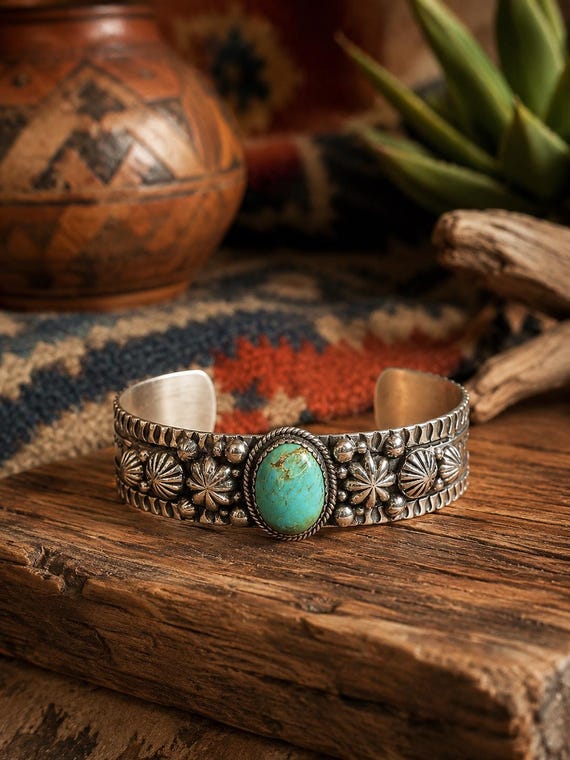 Luxury Sterling Silver Cuff Bracelet: Turquoise Floral Design Southwest