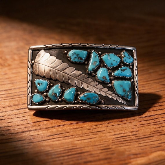 Signed Wayne C. Zuni Sterling Silver Turquoise Feather Belt Buckle – Southwestern Artisan Piece