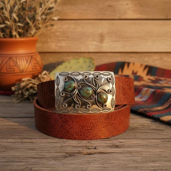 Navajo Vintage Signed Turquoise Belt Buckle with Custom Genuine Leather Belt| Handmade Nickel Buckle | Genuine Turquoise Western Belt |