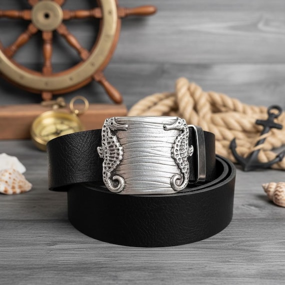 Seahorse Belt Buckle with Custom Genuine Leather Belt | Nautical Coastal Accessory for Beach Lover | Gift for Her