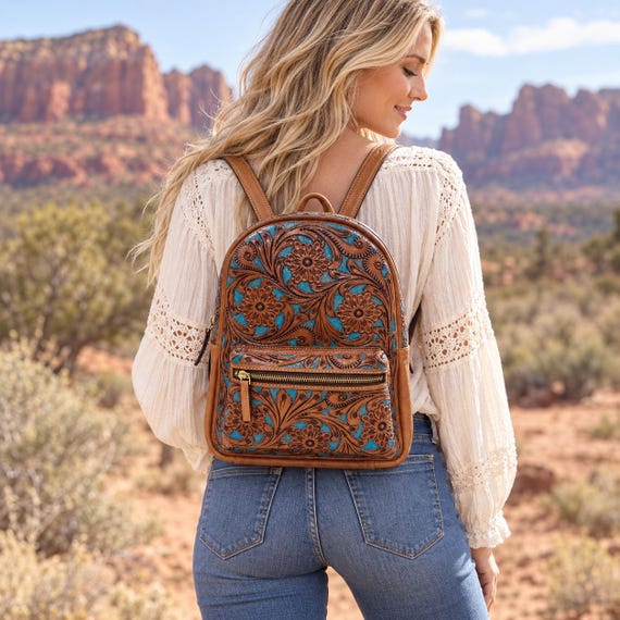 Boho Southwestern Hand Carved Small Tan and Turquoise Leather Backpack, Western Floral Backpack, Genuine Leather, Gift for her