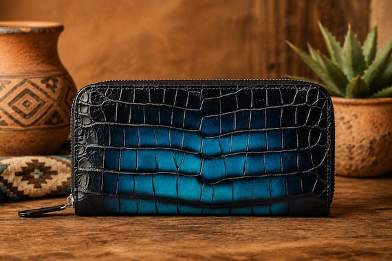 Premium Ladies Hand- Dyed American Alligator Leather Wallet – Blue Gradient Zip Around Organizer Clutch