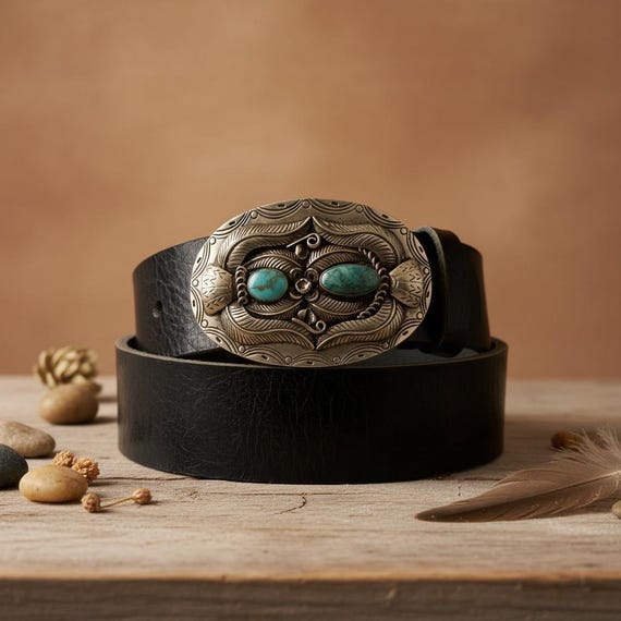 Southwestern Turquoise Belt Buckle with Leather Belt | Handmade Nickel Buckle | Genuine Turquoise Western Belt | Boho Cowgirl Statement Belt