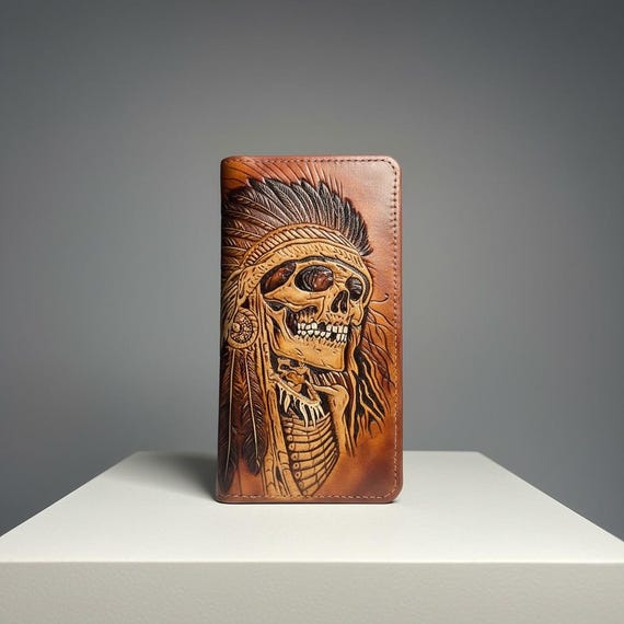 Hand Carved Leather Wallet: Indian Skull Design with Chain