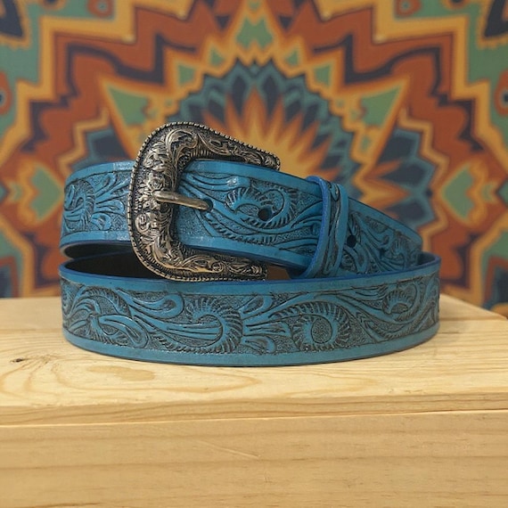 Hand-Carved Turquoise Leather Belt, Southwestern Ranger Style, Custom Fit