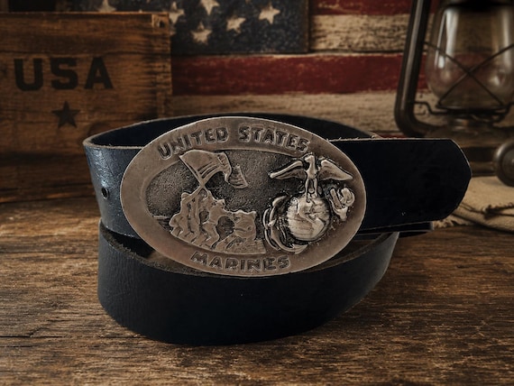 Vintage United States Marines Belt Buckle with Handmade Leather Belt | Heavy Solid Pewter | Military Collectible | USMC Gift for Veteran
