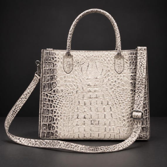 Genuine Himalayan Alligator Leather Crossbody Satchel, Ivory and Charcoal | Luxury Structured Handbag | Designer Style Bag | 13 "