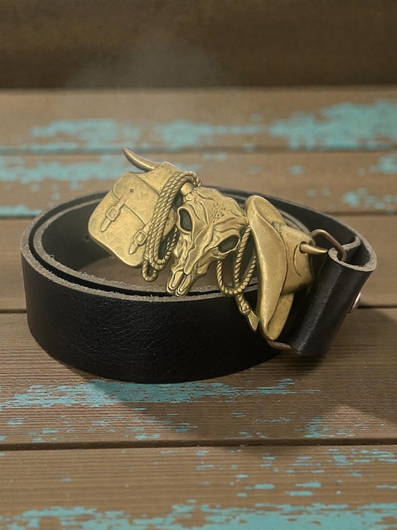 Vintage 1980s Brass Texas Longhorn Belt Buckle, Cowboy Western Style