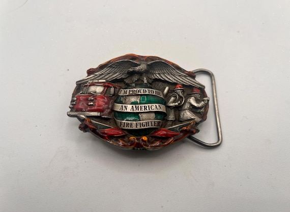 Vintage Belt Buckle- Proud to Be an American Firefighter, Optional Belt