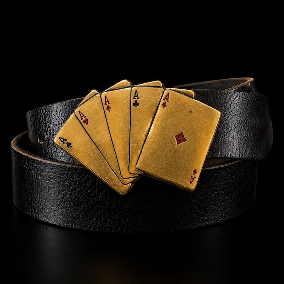 Poker Cards Aces Belt Buckle with Handmade Leather Belt | Poker Player Gift | Casino Gambling Belt Gift