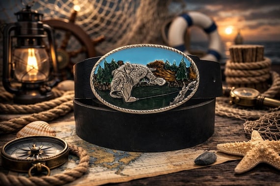 Vintage Fish Belt Buckle, Solid Brass | Custom Genuine Leather Belt | Nautical Fisherman Gift | Gift for Him