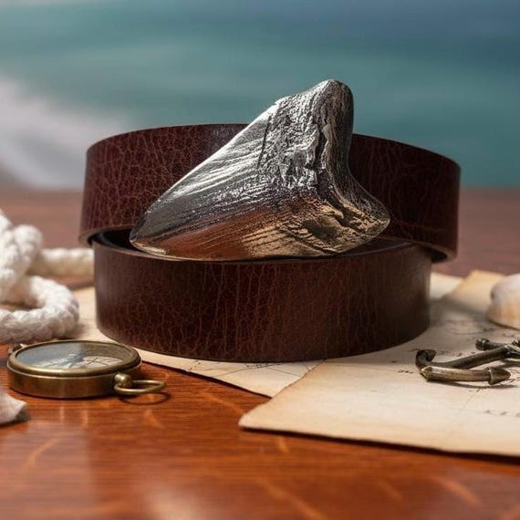 Megalodon Shark Tooth Belt Buckle, By Silversmith Bernard Kelly | Custom Genuine Leather Belt | Nautical Gift Coastal Ocean Lover