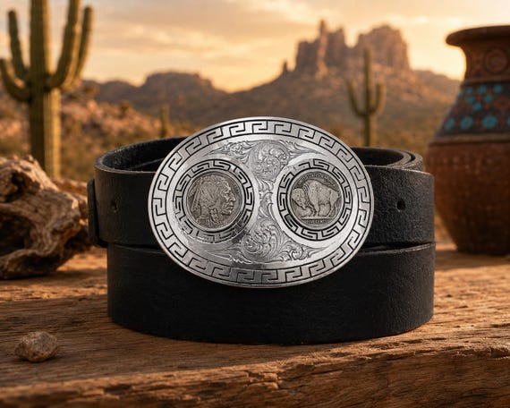 Sterling Silver Plated Buffalo Coin Belt Buckle with Custom Genuine Leather Belt | Vintage Western Belt | Southwestern Style | Handmade USA