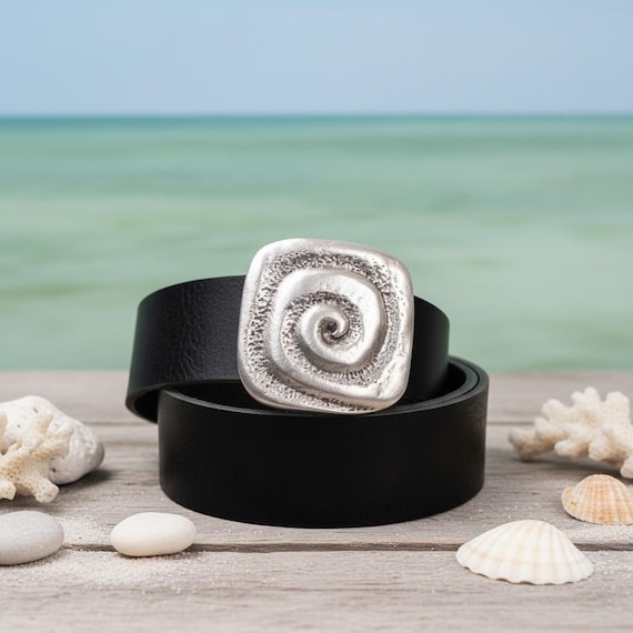 Coastal Spiral Belt Buckle with Custom Genuine Leather Belt | Nautical Coastal Accessory for Beach Lover | Gift for Him or Her