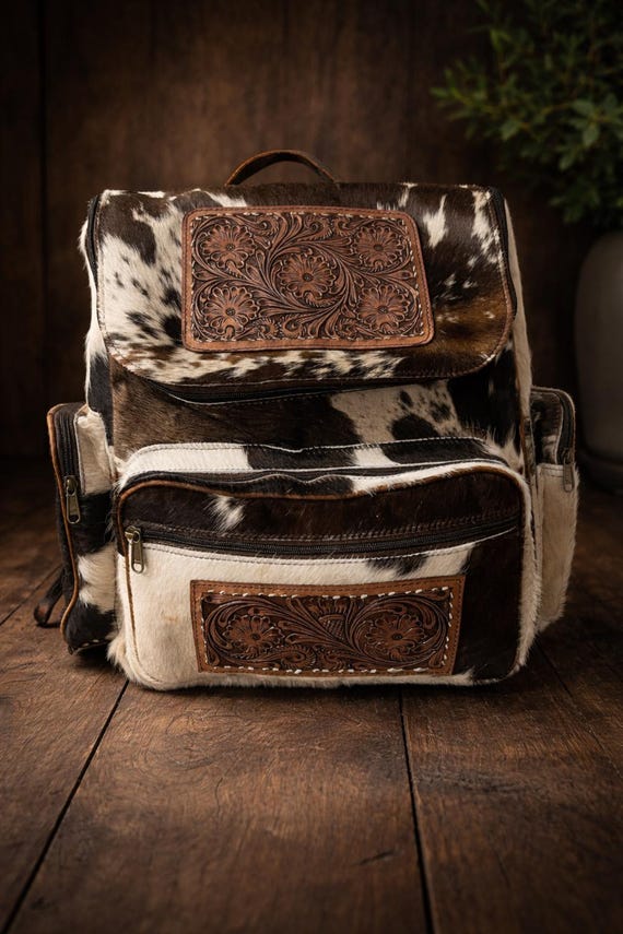 Western Cowhide Backpack with Tooled Leather Panels | Hair-On Hide Travel Bag
