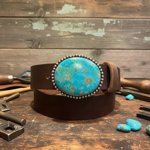 Southwestern Turquoise Belt Buckle with Custom Leather Belt – Sterling Silver Turquoise Buckle – Western Women’s Belt – Cowgirl Belt