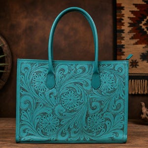 Hand-Carved Leather Tote Bag Floral Tooled Blue Turquoise | Fits 16” Laptop | Genuine Leather Work Bag | Western Southwestern Cross-body Bag